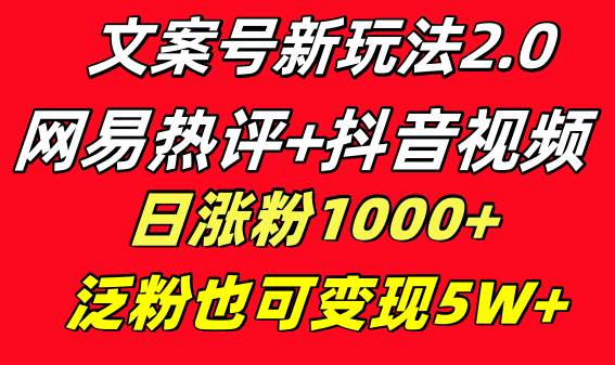 文案号新玩法 网易热评+抖音文案 一天涨粉1000+ 多种变现模式 泛粉也可变现-创盟网
