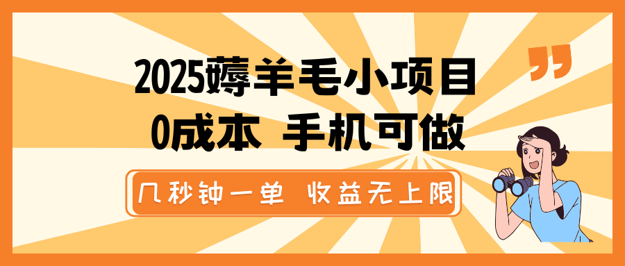 2025薅羊毛小项目，0成本 手机可做，几秒钟一单，收益无上限-创盟网